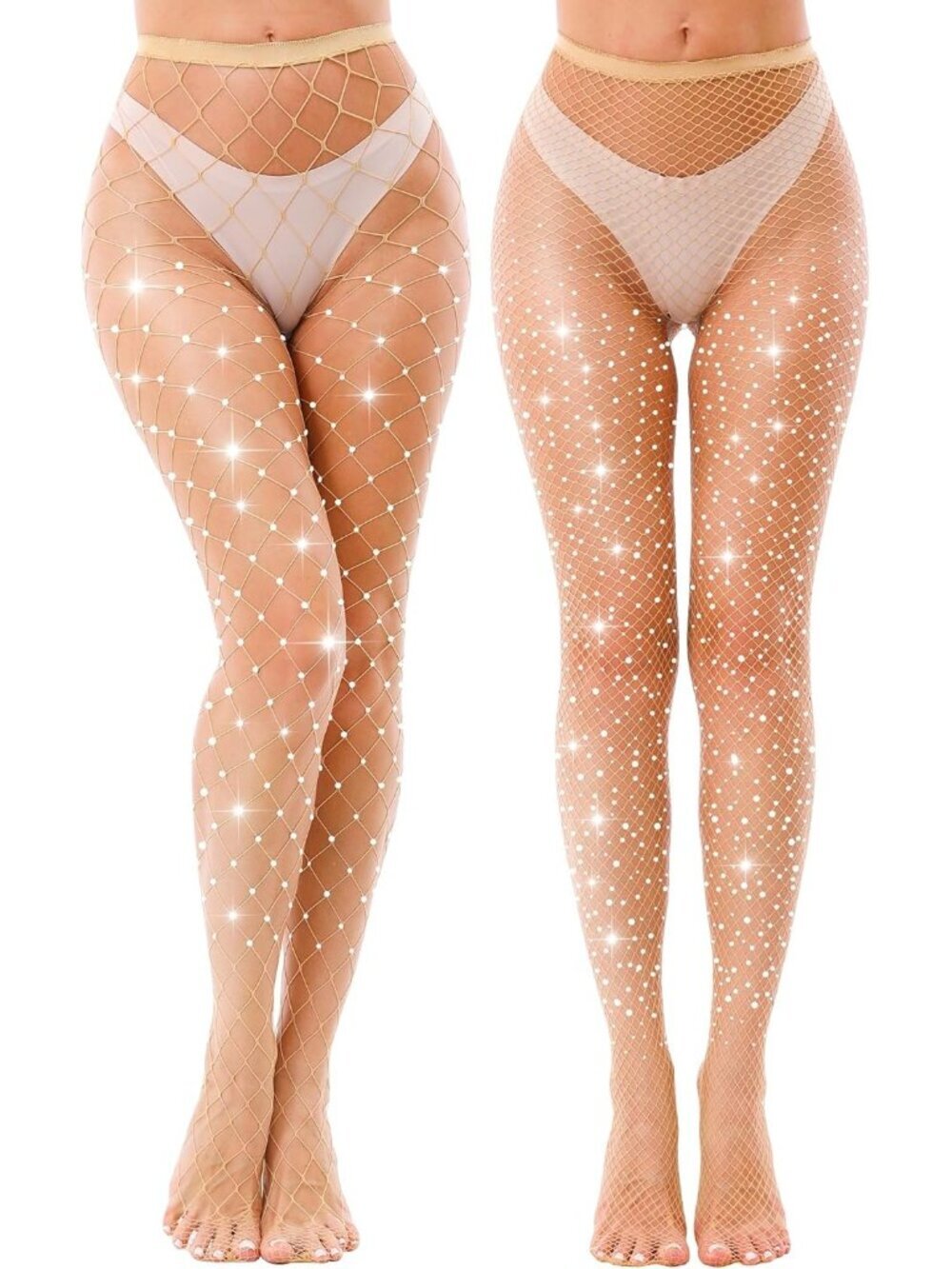 Women's Nude 2 Pack Sparkly Glitter Rhinestone Mesh Fishnet Stockings Tights
